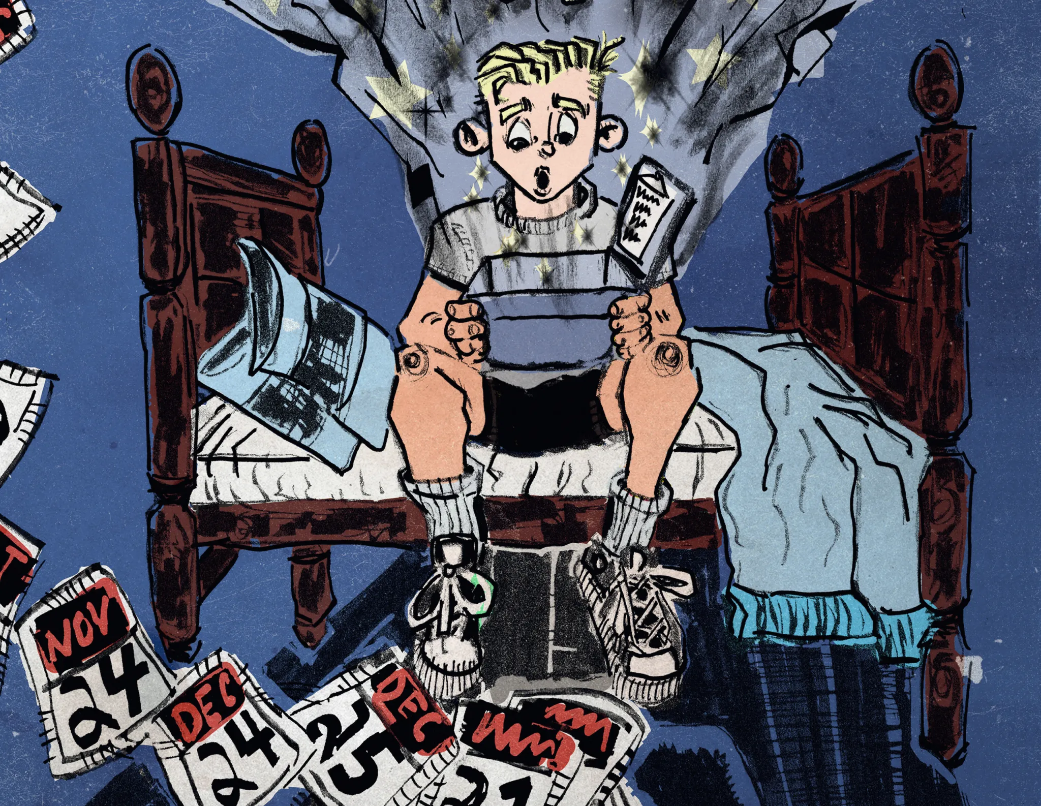 Illustration of Hugh sitting on his bed, opening the Blessing Box, surrounded by calendar pages